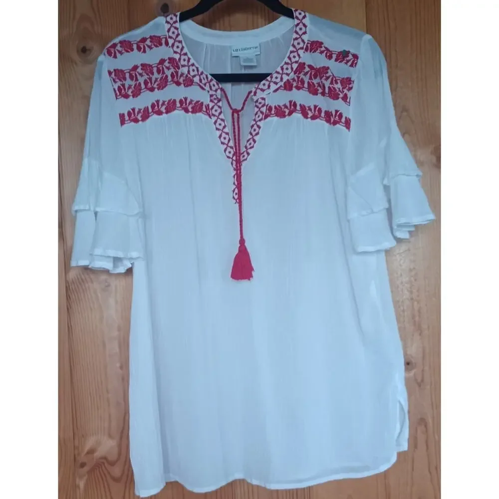 Liz Claiborne 100% White Cotton Tunic Red Embroidery Tiered Sleeves Boho Fairy - Picture 2 of 7